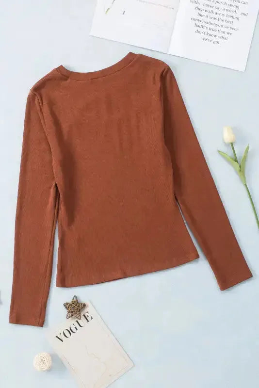 Brown Ribbed Peekaboo Cutout Long Sleeve Top - Fashionfitz