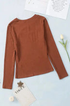 Brown Ribbed Peekaboo Cutout Long Sleeve Top - Fashionfitz