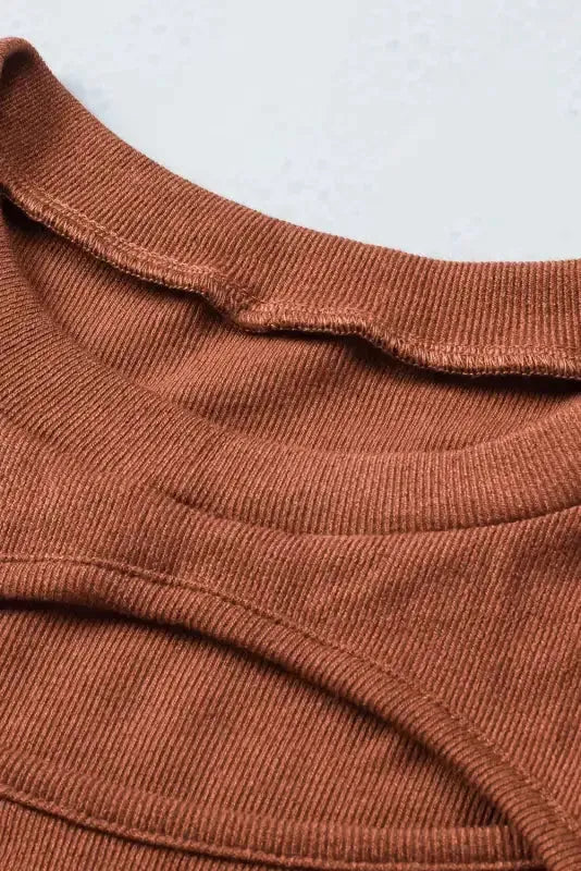 Brown Ribbed Peekaboo Cutout Long Sleeve Top - Fashionfitz