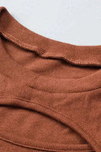 Brown Ribbed Peekaboo Cutout Long Sleeve Top - Fashionfitz