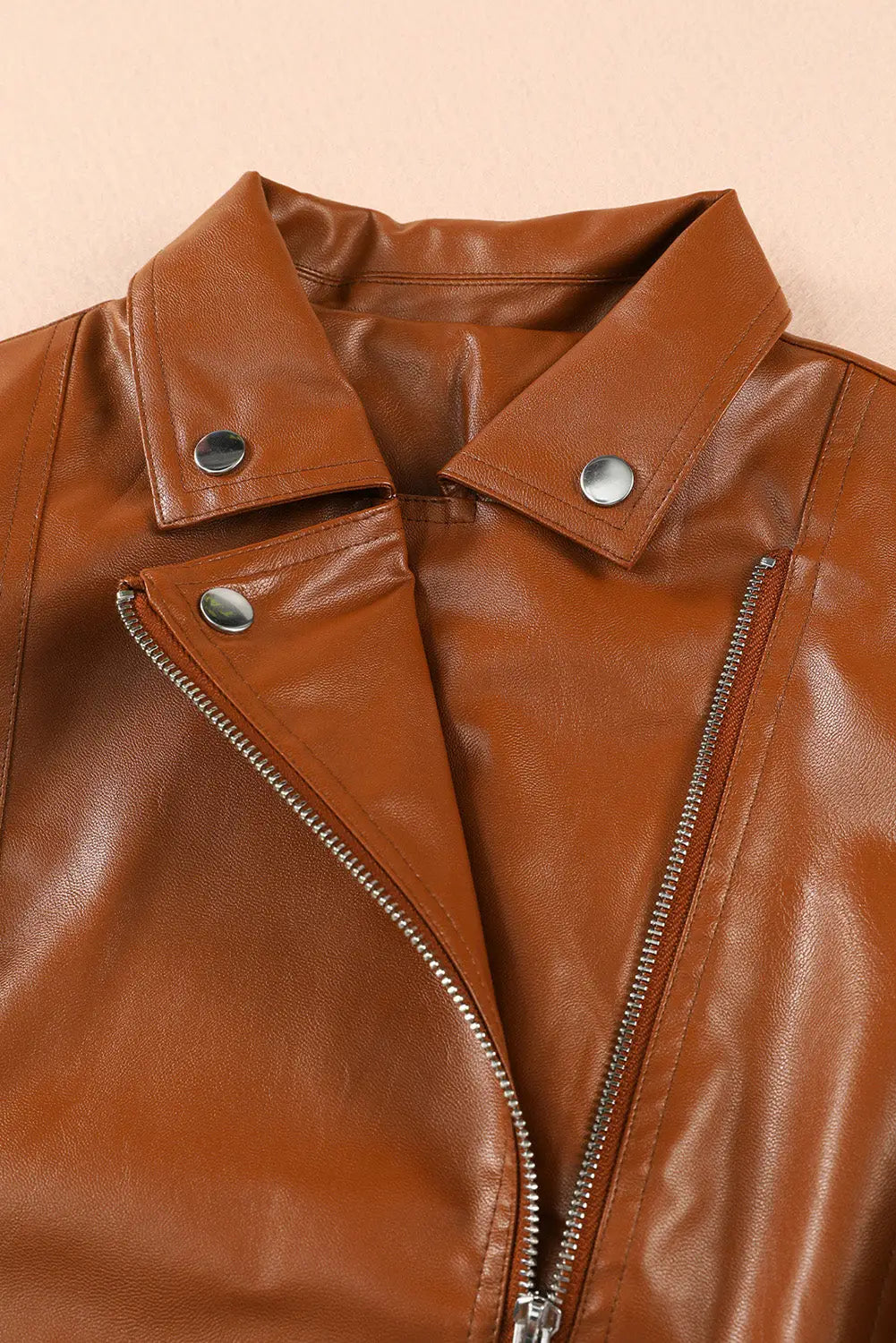 Brown ribbed seam detail faux leather zipped motorcycle jacket - pu jackets