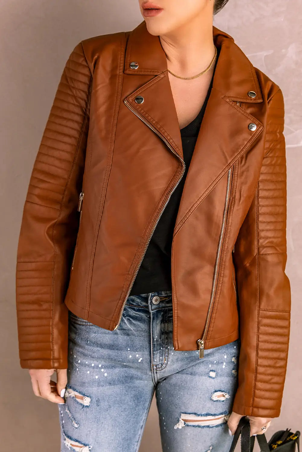 Brown ribbed seam detail faux leather zipped motorcycle jacket - pu jackets