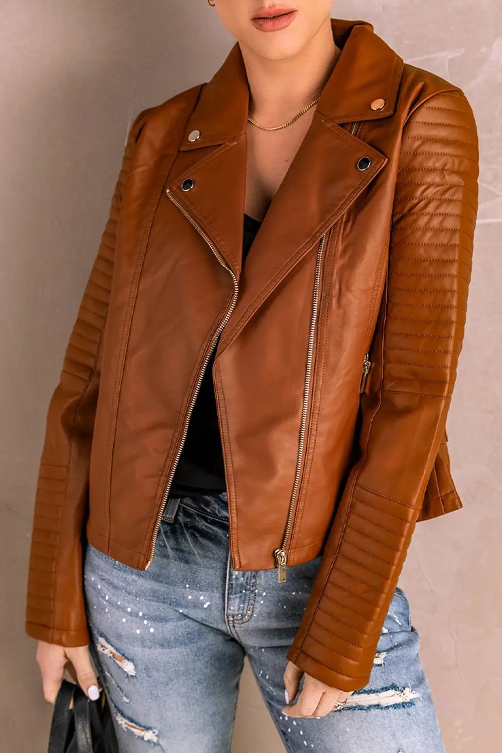 Brown ribbed seam detail faux leather zipped motorcycle jacket - s / 60% pu + 40% viscose - pu jackets