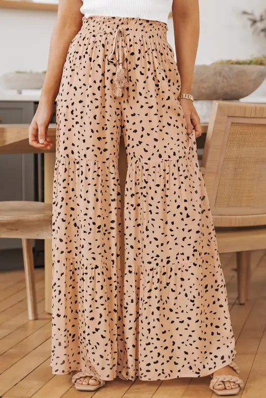 Brown ruffle wide leg dalmatian palazzo pants - s / 100% viscose