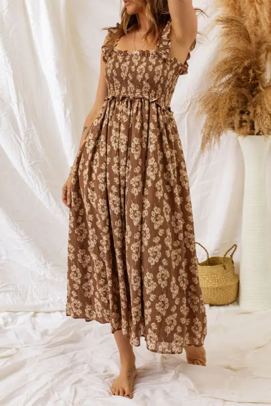 Brown ruffled straps smocked floral maxi dress - dresses