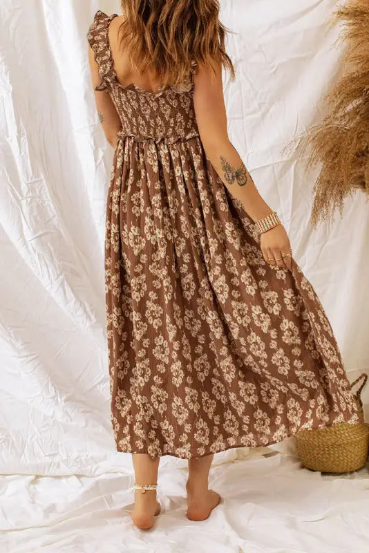 Brown ruffled straps smocked floral maxi dress - dresses