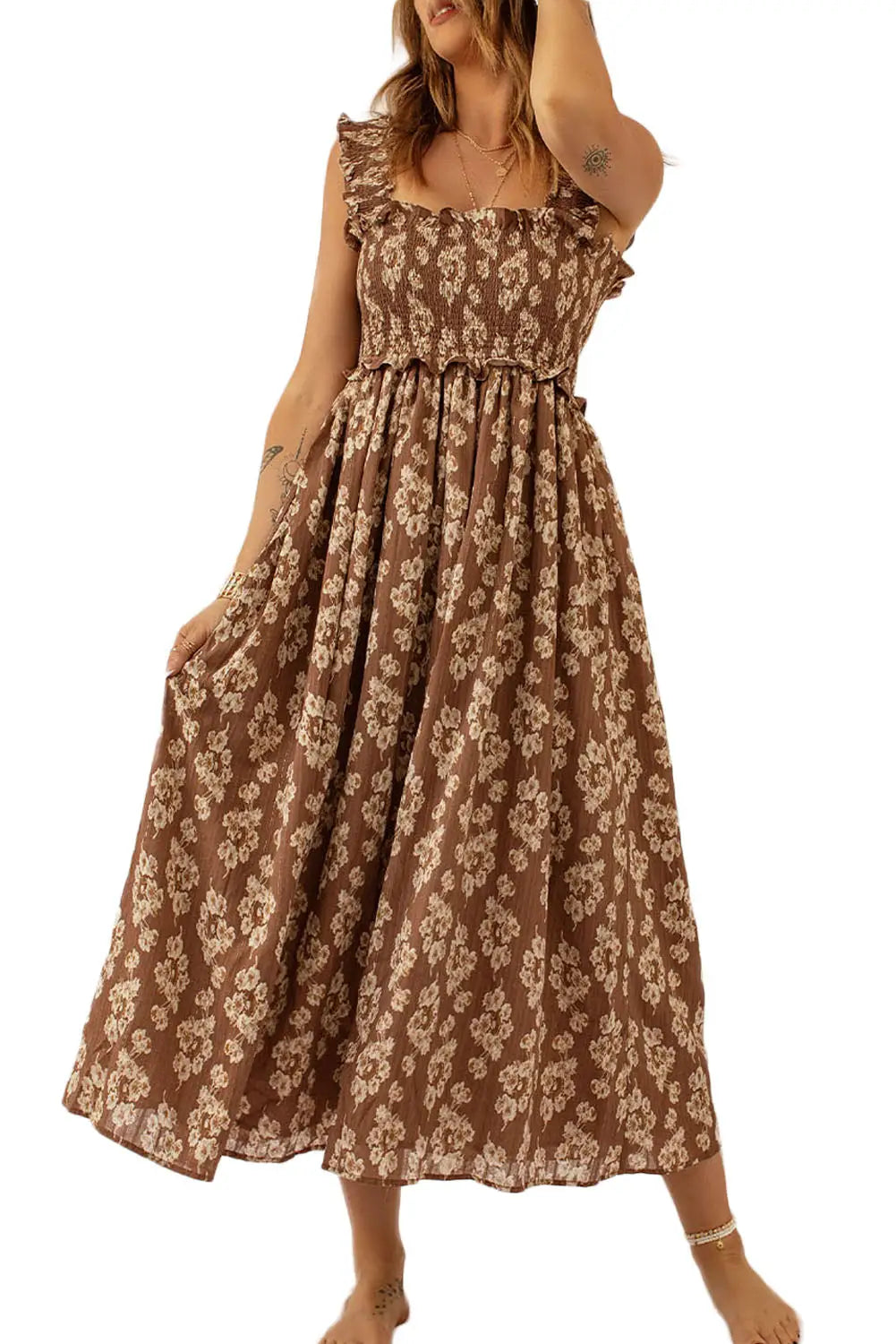 Brown ruffled straps smocked floral maxi dress - dresses