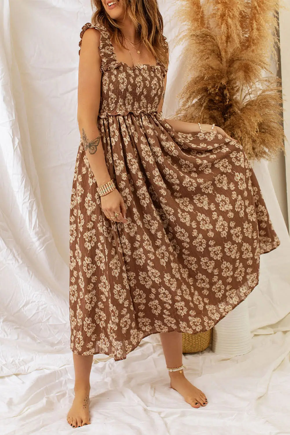 Brown ruffled straps smocked floral maxi dress - dresses