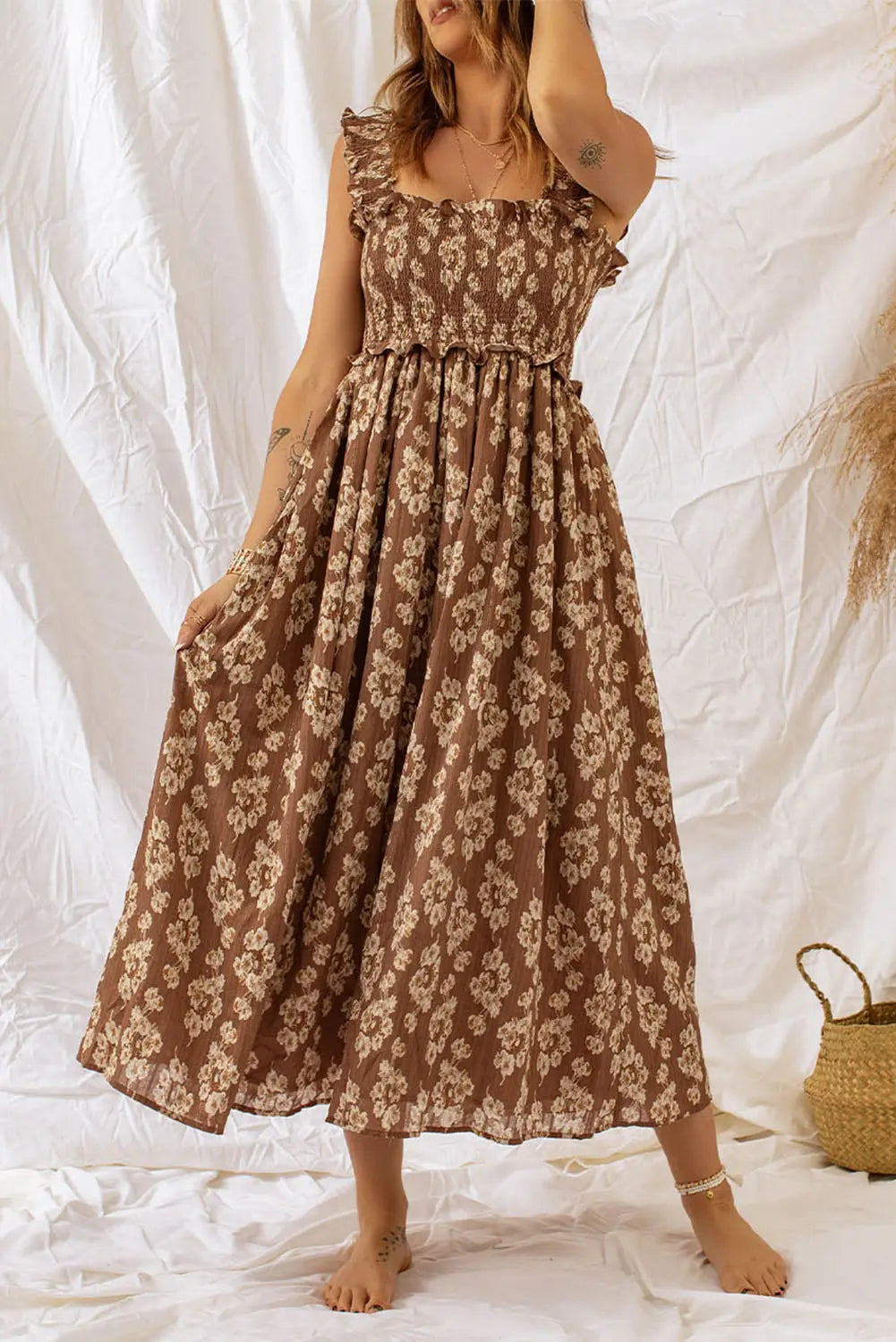 Brown ruffled straps smocked floral maxi dress - s / 100% polyester - dresses