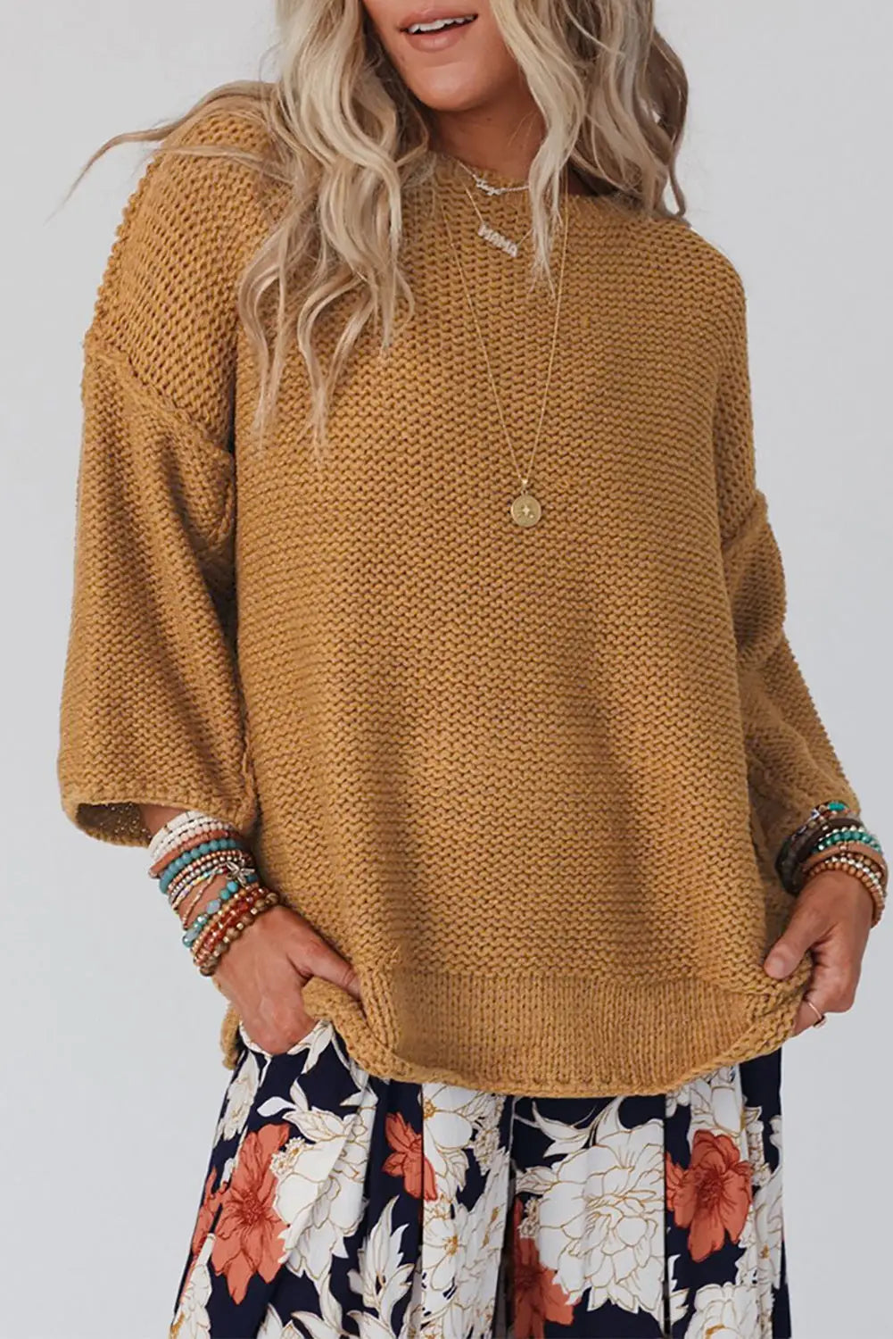 Brown slouchy textured knit loose sweater - s / 60% cotton + 40% acrylic - sweaters & cardigans