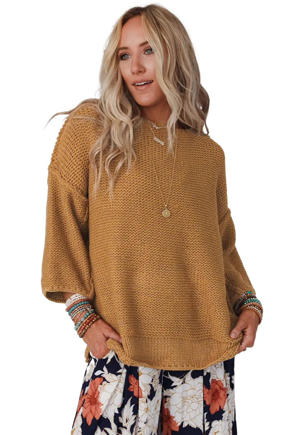 Brown slouchy textured knit loose sweater - sweaters & cardigans