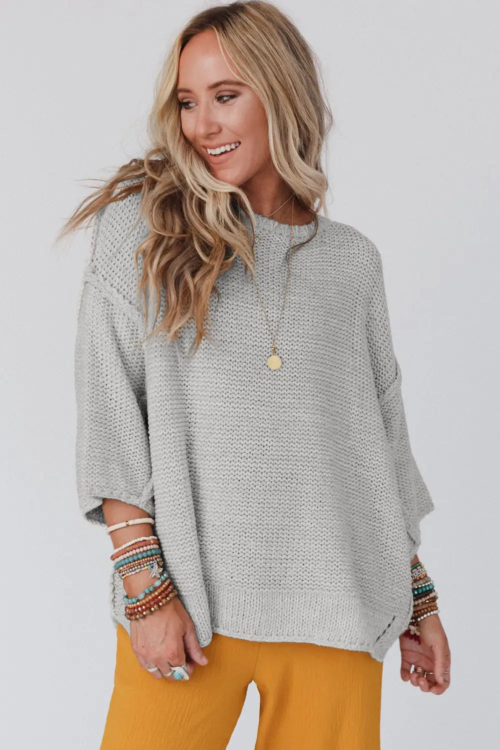 Brown slouchy textured knit loose sweater - sweaters & cardigans