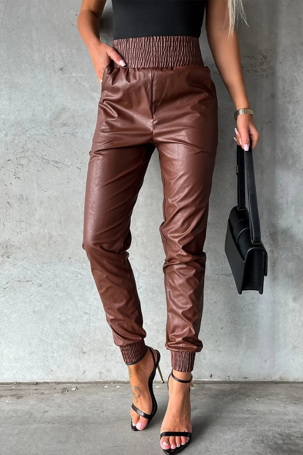 Brown smocked high-waist leather skinny pants - s / 50% pu + 45% polyester + 5% elastane
