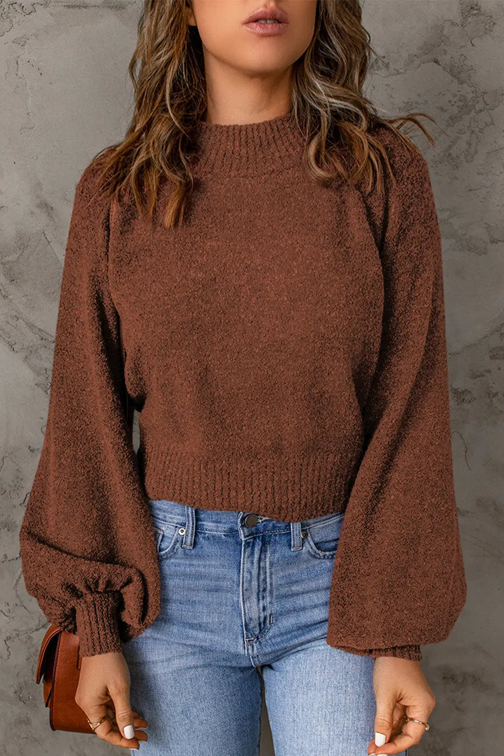 Brown solid color lantern sleeve knitted sweater - s / 95% polyamide + 5% elastane - sweaters & cardigans