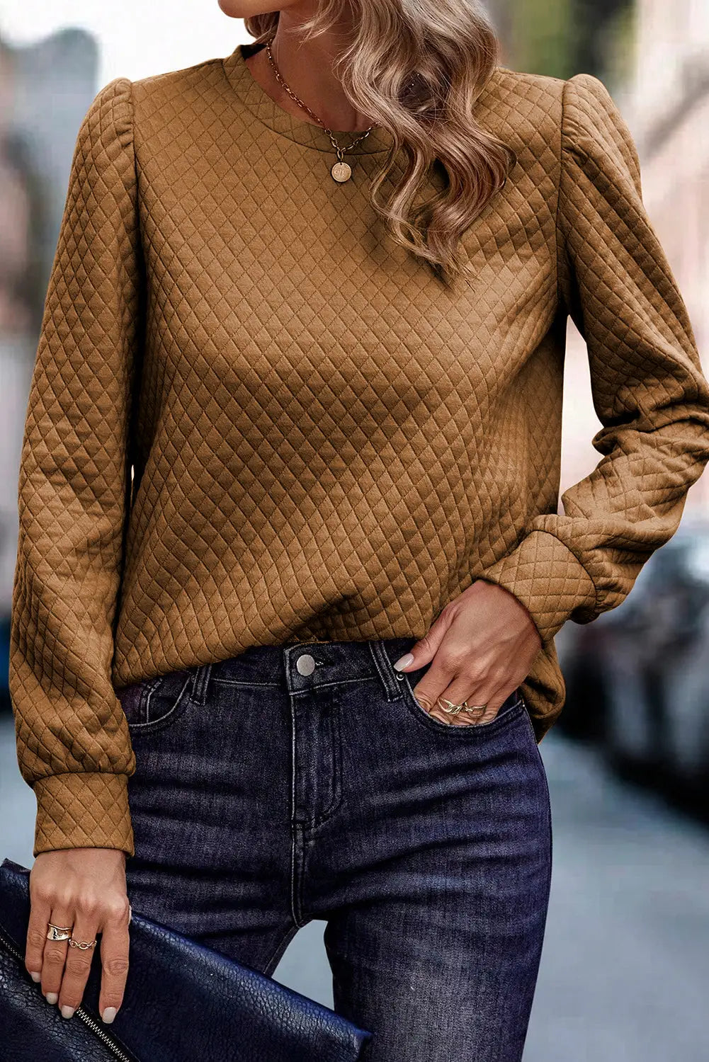 Brown solid color quilted puff sleeve pullover sweatshirt - sweatshirts & hoodies