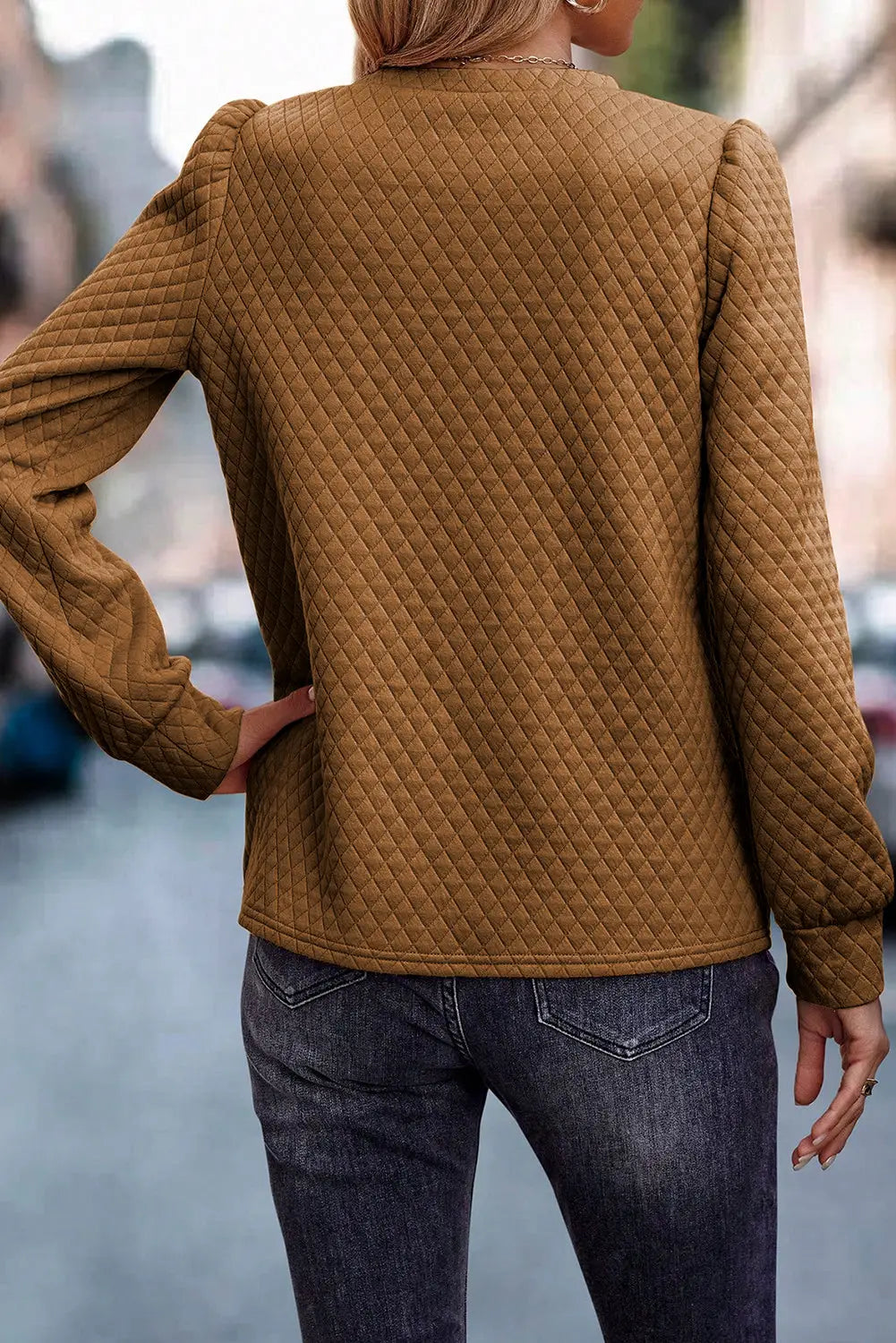 Brown solid color quilted puff sleeve pullover sweatshirt - sweatshirts & hoodies
