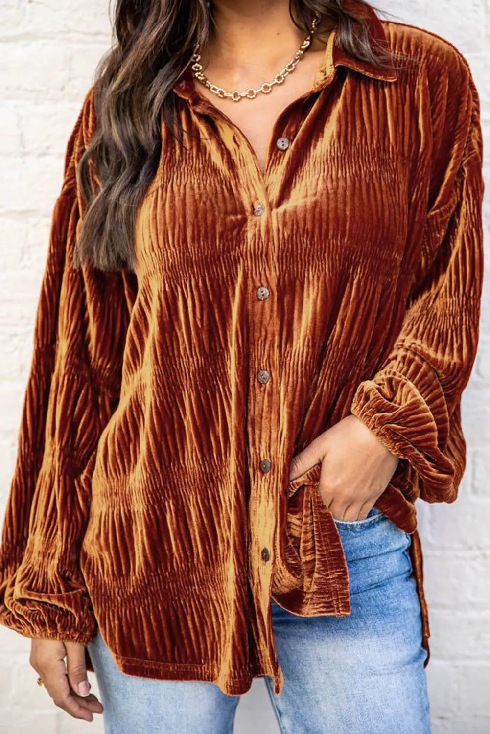 Brown solid color textured velvet button up shirt - s / 95% polyester + 5% elastane - blouses & shirts