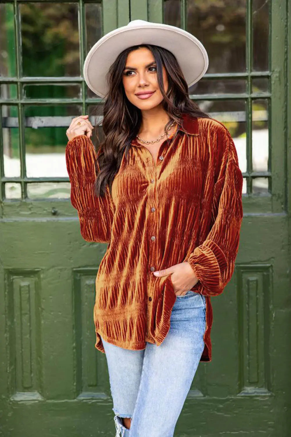 Brown solid color textured velvet button up shirt - blouses & shirts