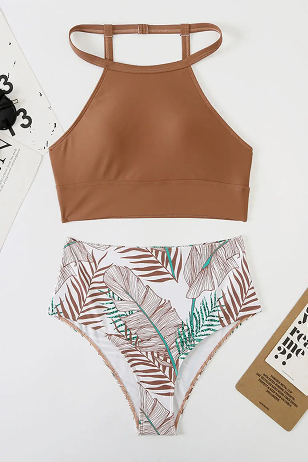 Brown solid strappy halter bikini printed high waist swimsuit - swimsuits