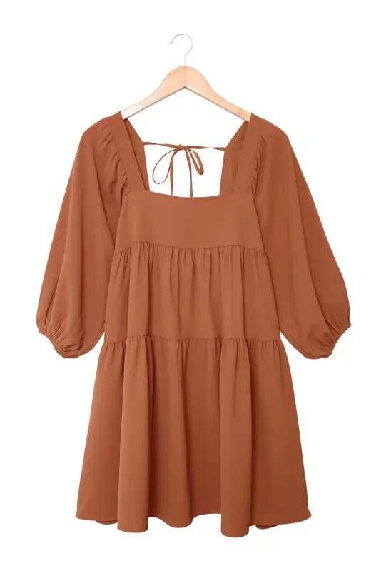 Brown square neck half sleeve high low mini dress - dresses