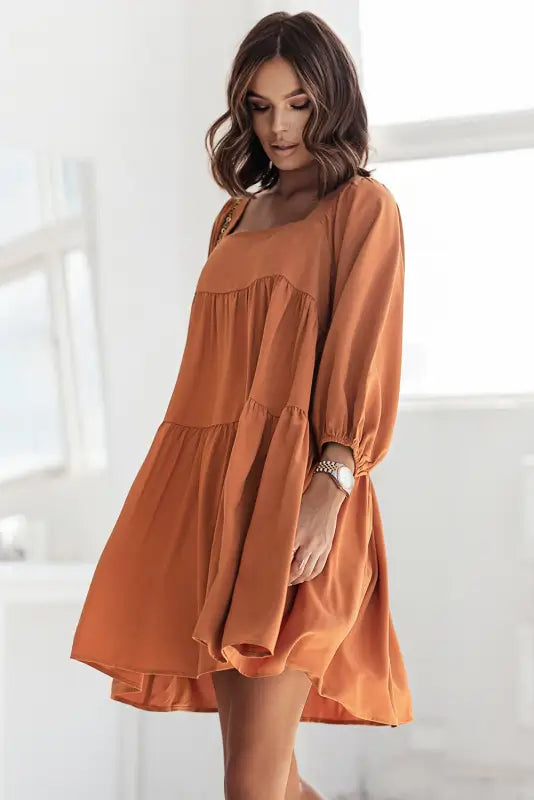 Brown square neck half sleeve high low mini dress - dresses