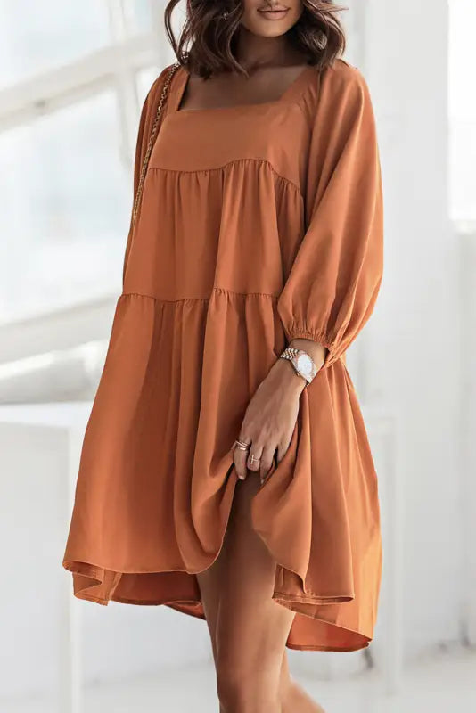 Brown square neck half sleeve high low mini dress - dresses