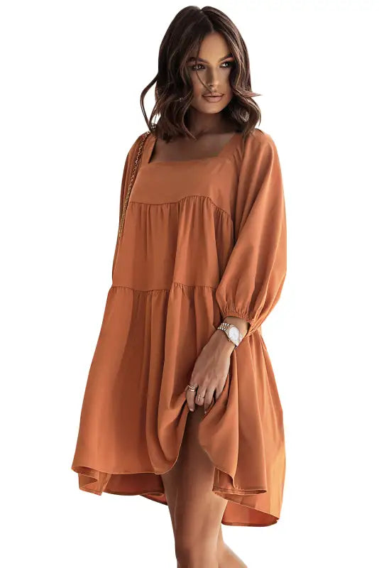 Brown square neck half sleeve high low mini dress - dresses