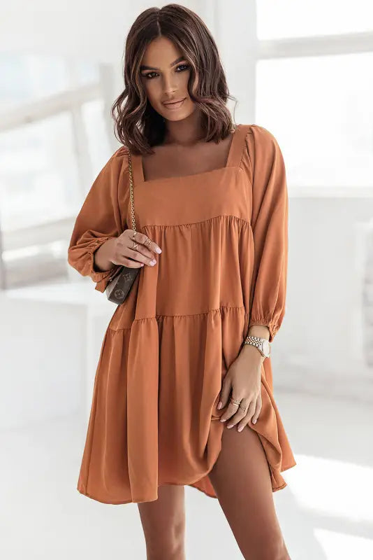 Brown square neck half sleeve high low mini dress - dresses