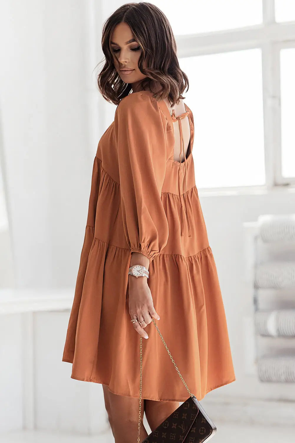 Brown square neck half sleeve high low mini dress - dresses