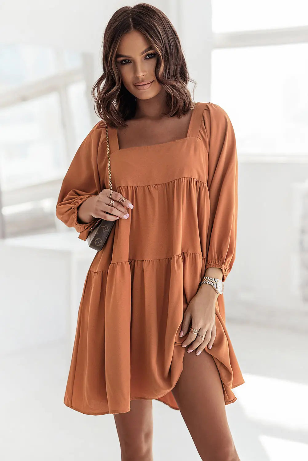 Brown square neck half sleeve high low mini dress - s 100% polyester dresses