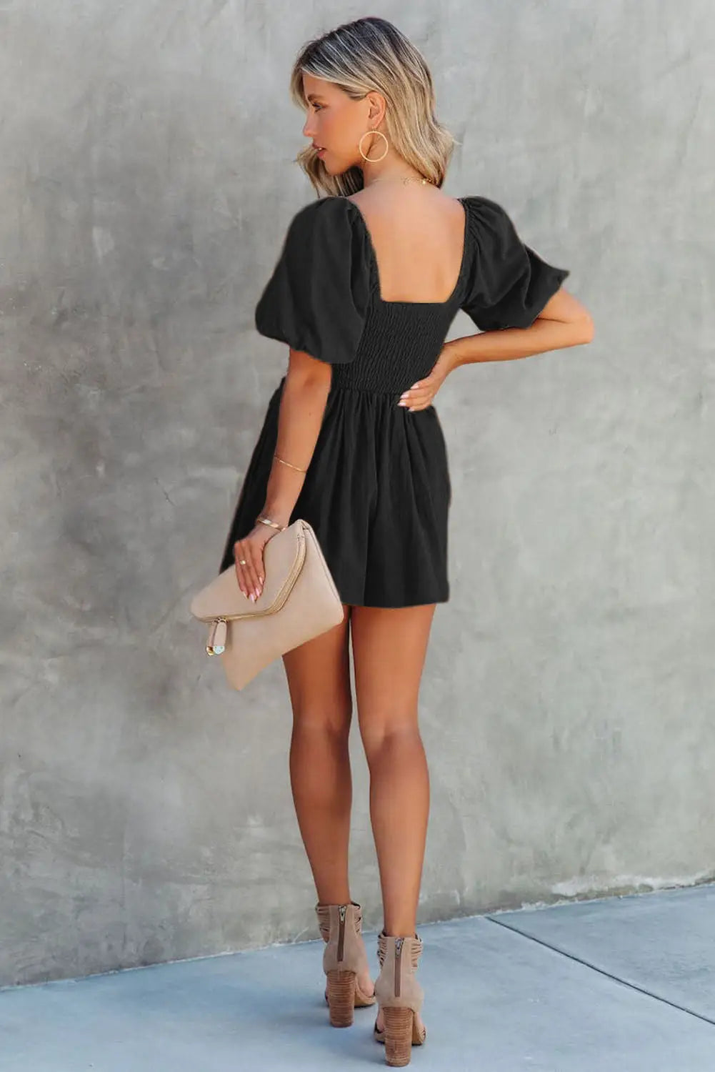 Brown square neck ruched puff sleeve romper - jumpsuits & rompers