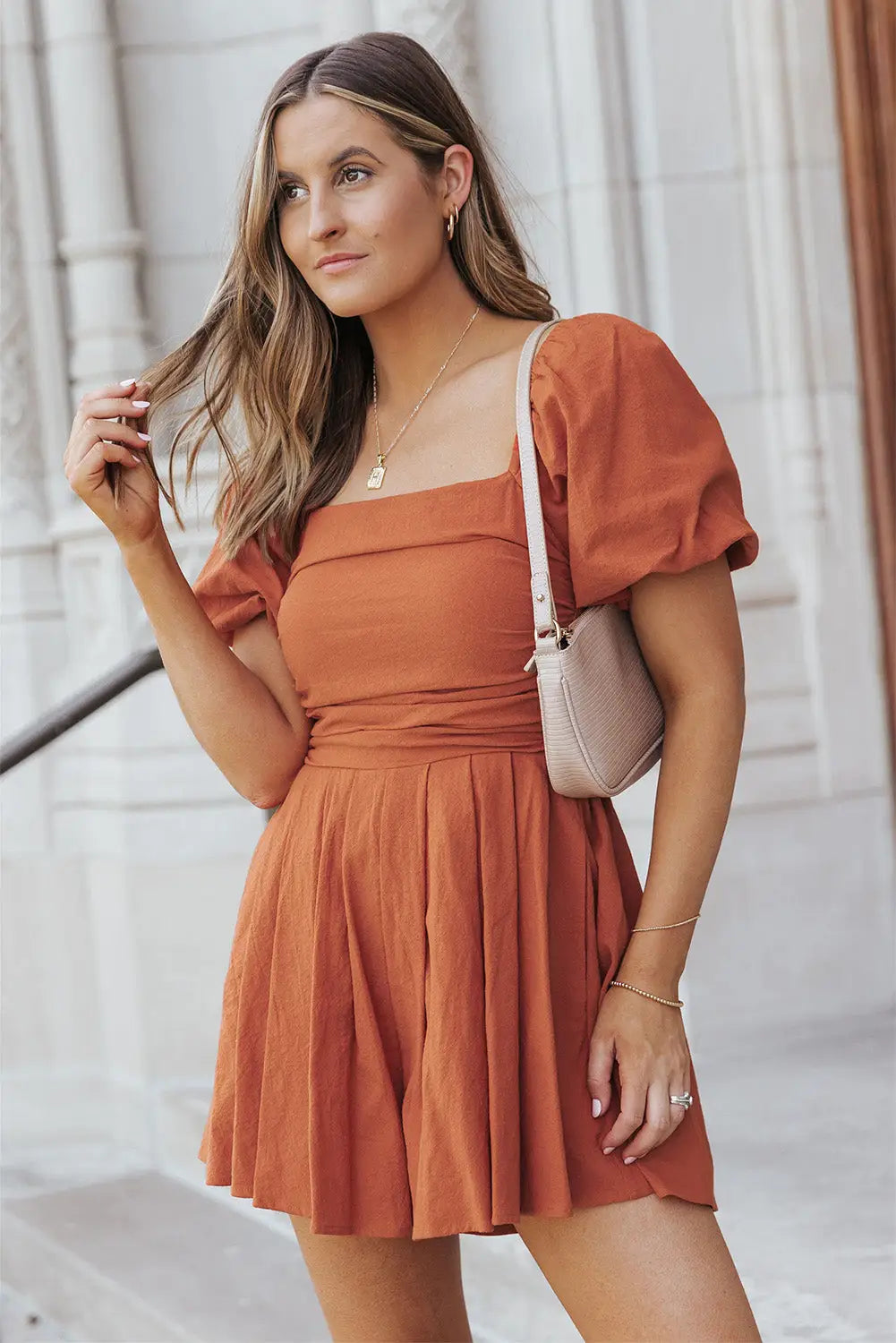 Brown square neck ruched puff sleeve romper - jumpsuits & rompers