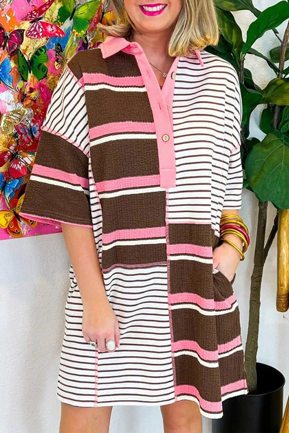 Brown stripe buttoned t-shirt dress - s / 70% polyester + 27% viscose + 3% elastane - t shirt dresses