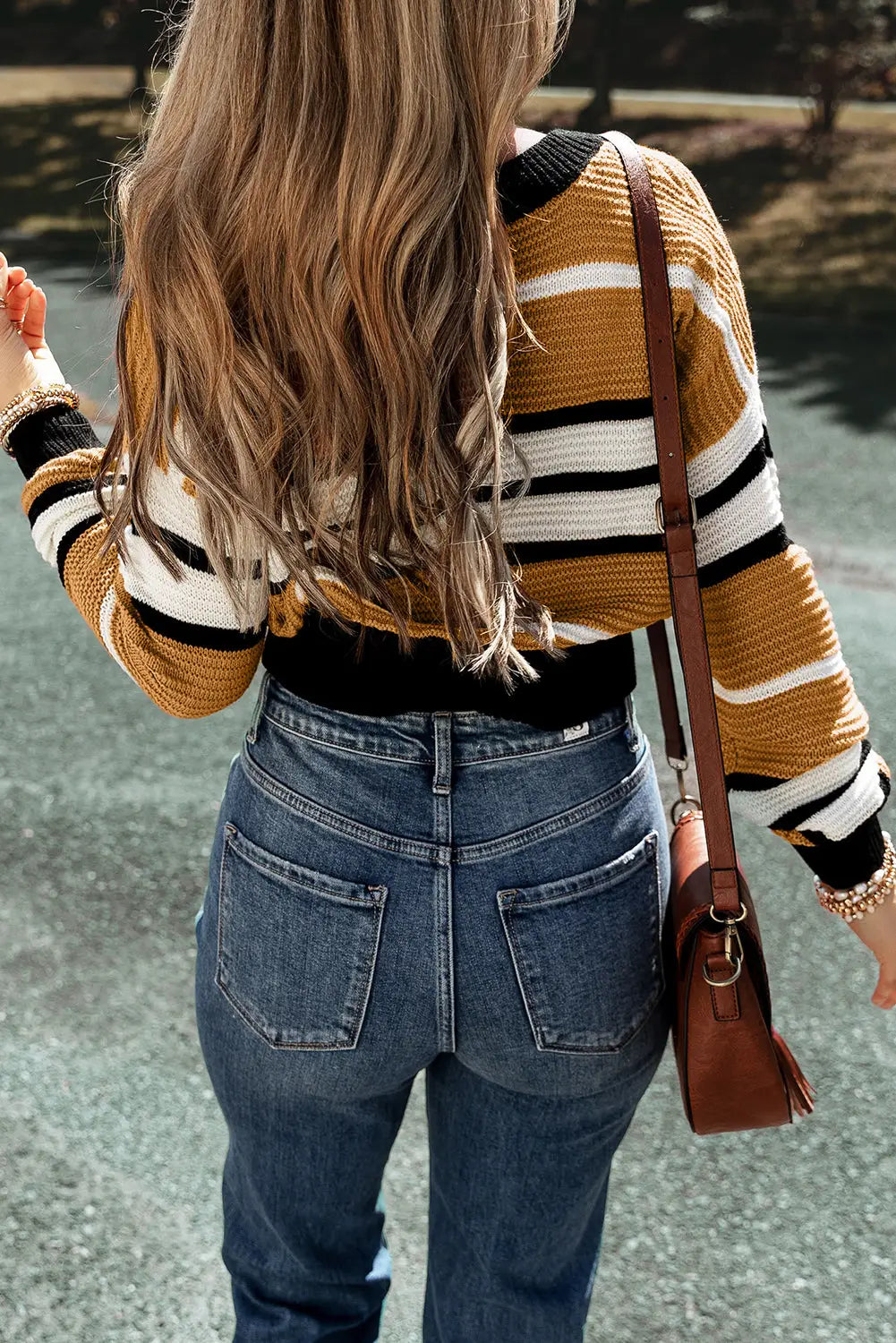 Brown stripe contrast stripes v neck textured knit sweater - sweaters & cardigans