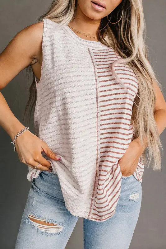 Brown stripe loose tank top - s / 100% polyester - tops