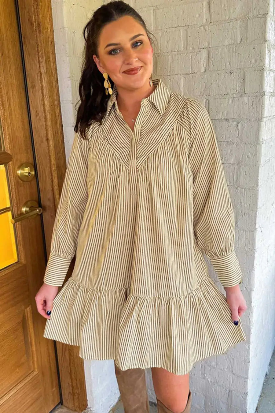 Front view of Brown Stripe Mini Dress with collared neckline and vertical stripes. A chic H-line silhouette for everyday comfort.