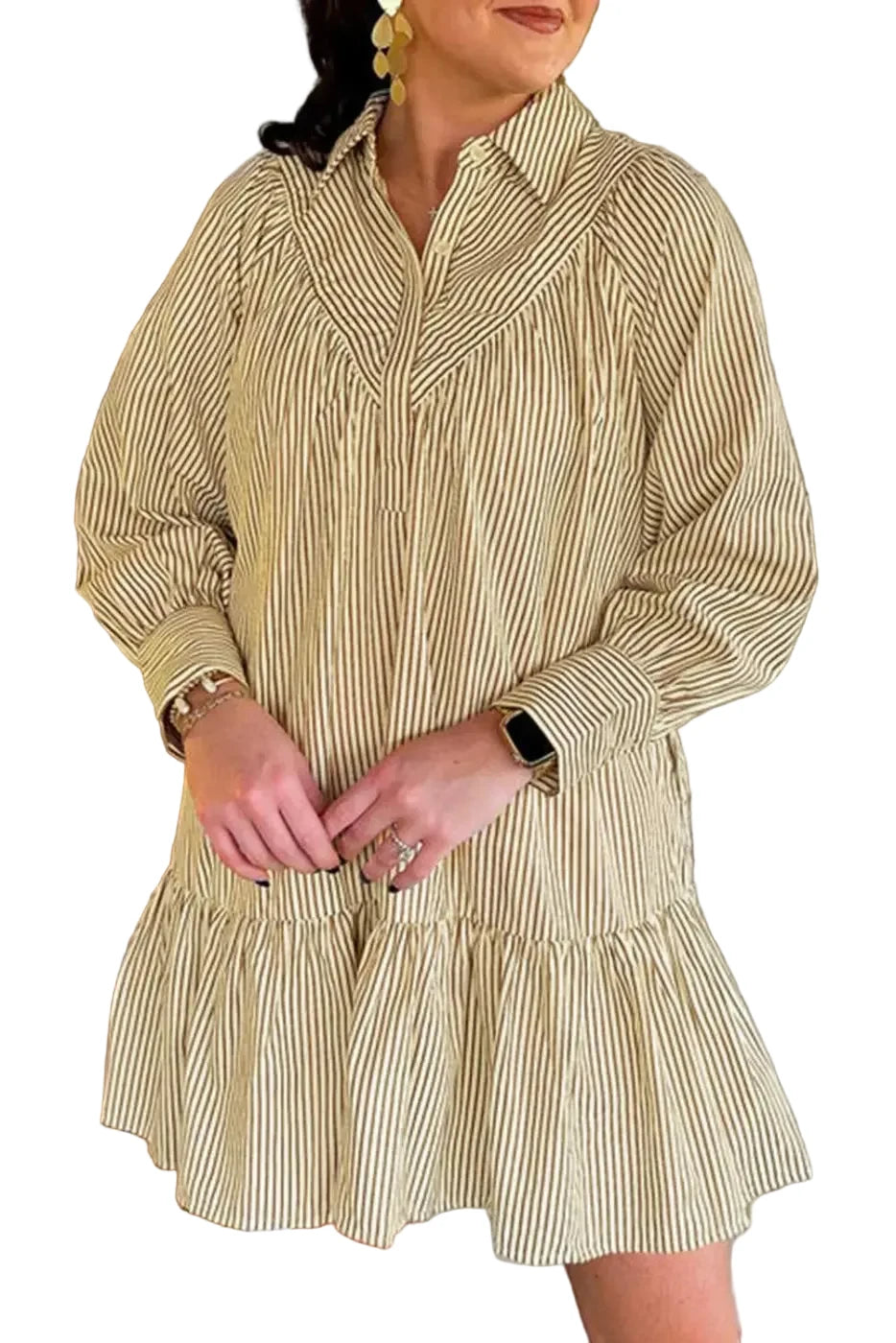 Brown Stripe Mini Dress with long sleeves and flouncy hem, styled for fall casual wear. Lightweight fabric ideal for daily outings.