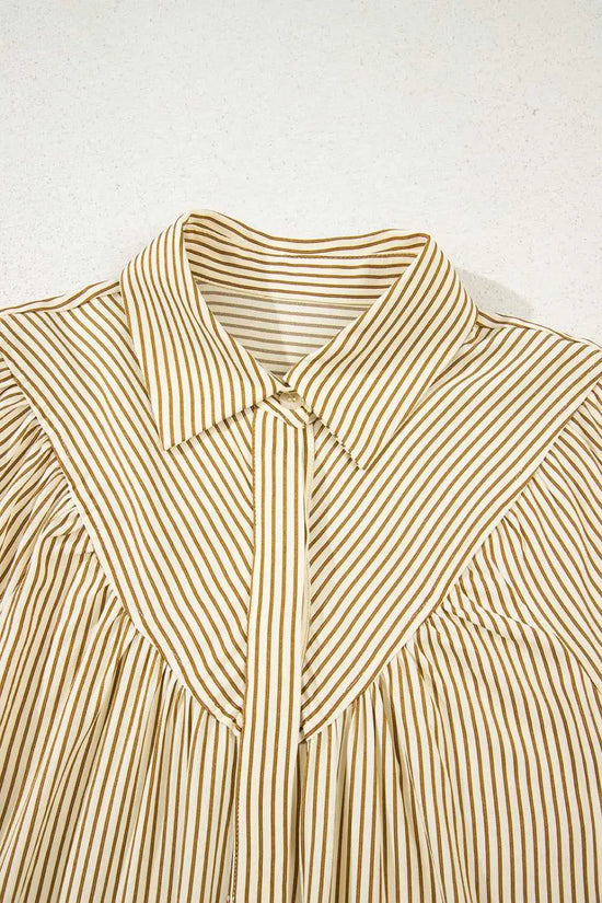 Close-up of Brown Stripe Mini Dress collar and yoke detail. Features crisp vertical and diagonal stripe pattern for added texture.