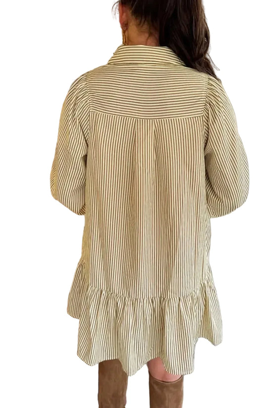 Back view of Brown Stripe Mini Dress showcasing relaxed fit and tiered hem. Perfect for autumn layering and casual occasions.