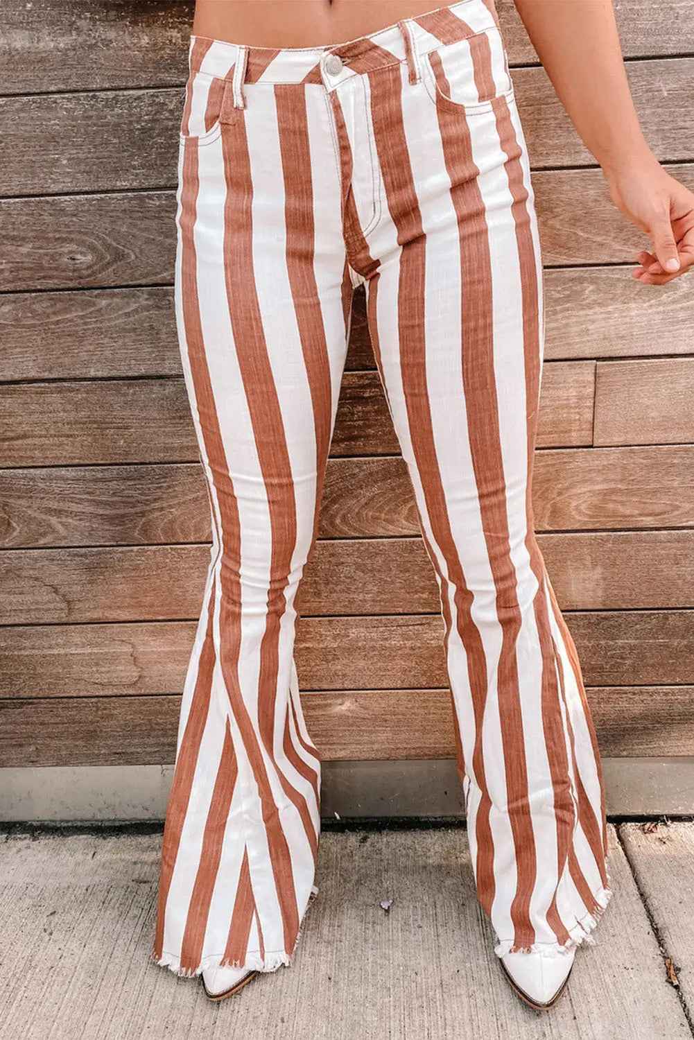 Brown striped fringe bell bottom denim pants - 4 / 95% cotton + 5% elastane - wide leg