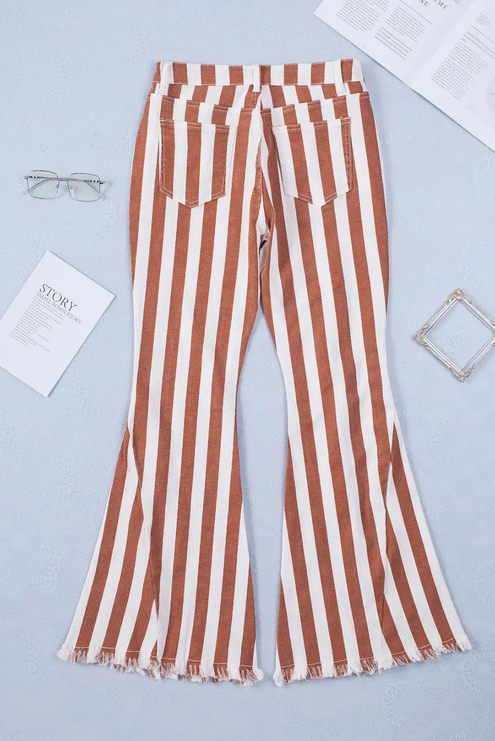 Brown striped fringe bell bottom denim pants - wide leg
