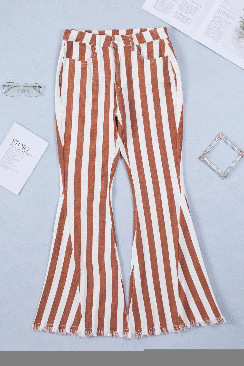 Brown striped fringe bell bottom denim pants - wide leg