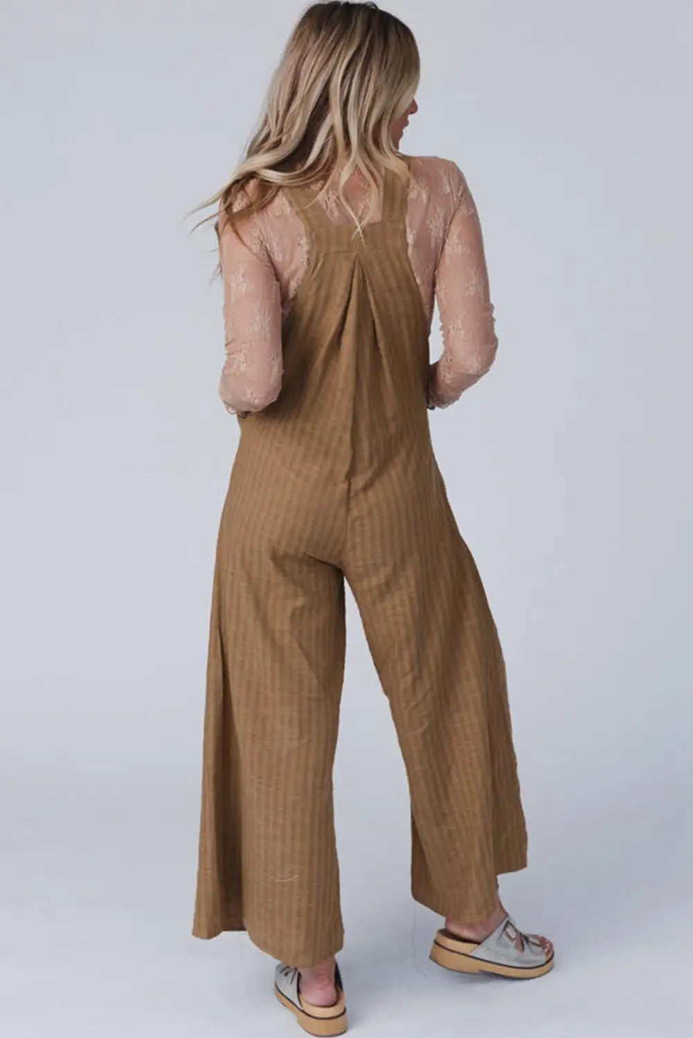 Brown striped pleated wide leg pocketed jumpsuit - jumpsuits & rompers