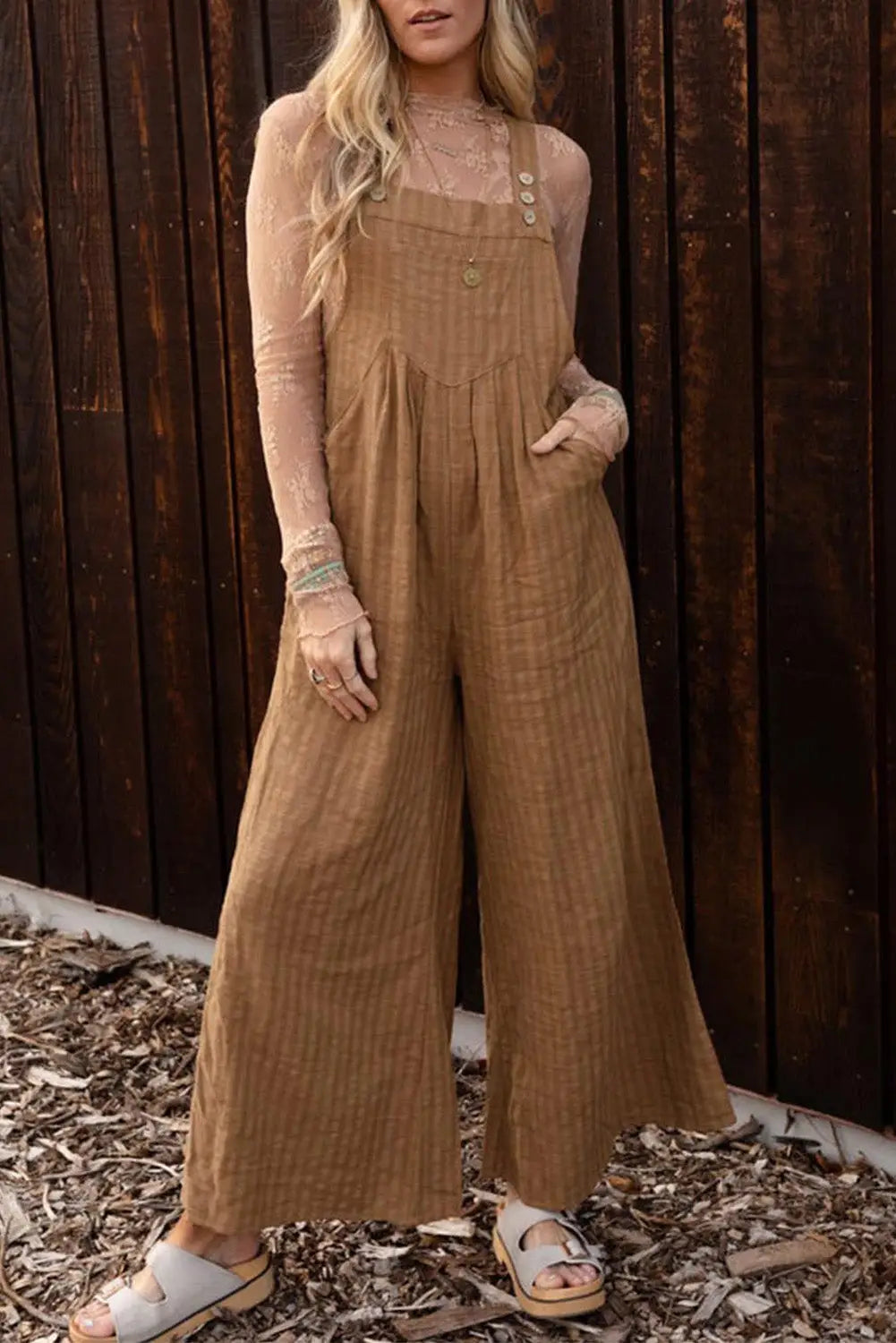 Brown striped pleated wide leg pocketed jumpsuit - s / 50% viscose + 50% cotton - jumpsuits & rompers
