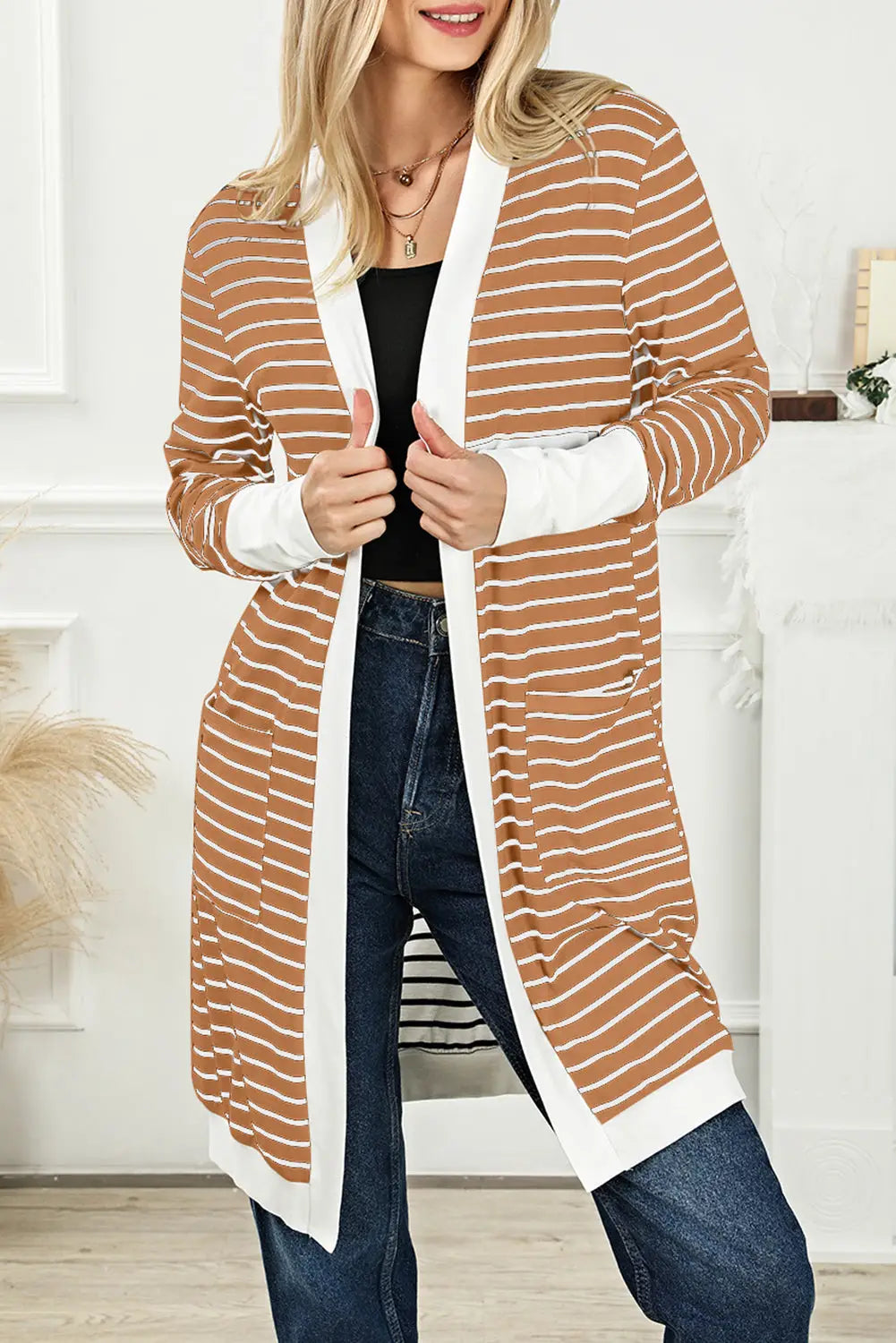Brown striped side pockets open front cardigan - s / 95% polyester + 5% elastane - sweaters & cardigans