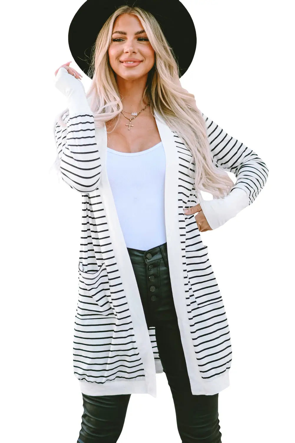 Brown striped side pockets open front cardigan - sweaters & cardigans