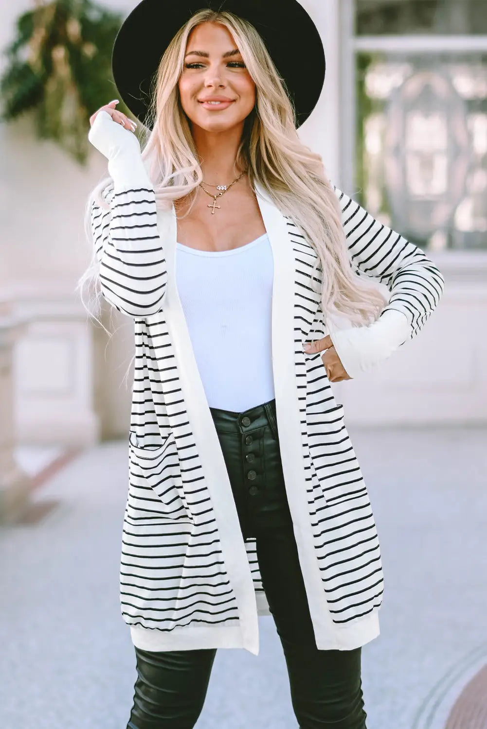 Brown striped side pockets open front cardigan - white / s / 95% polyester + 5% elastane - sweaters & cardigans