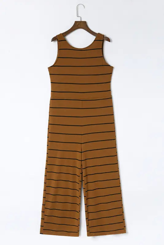 Brown striped sleeveless wide leg jumpsuit - bottoms