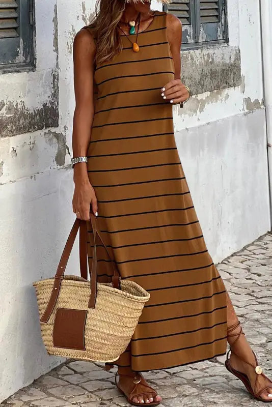 Brown striped sleeveless wide leg jumpsuit - bottoms