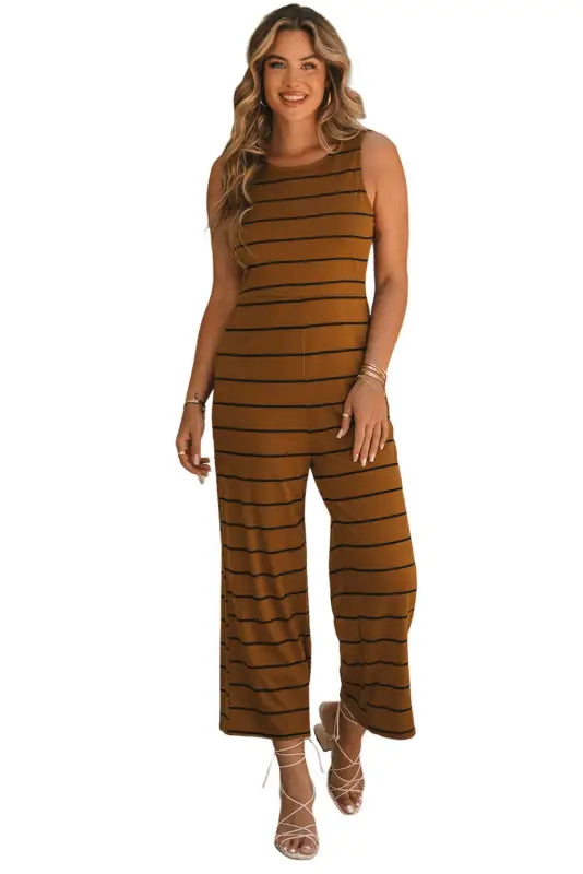 Brown striped sleeveless wide leg jumpsuit - bottoms